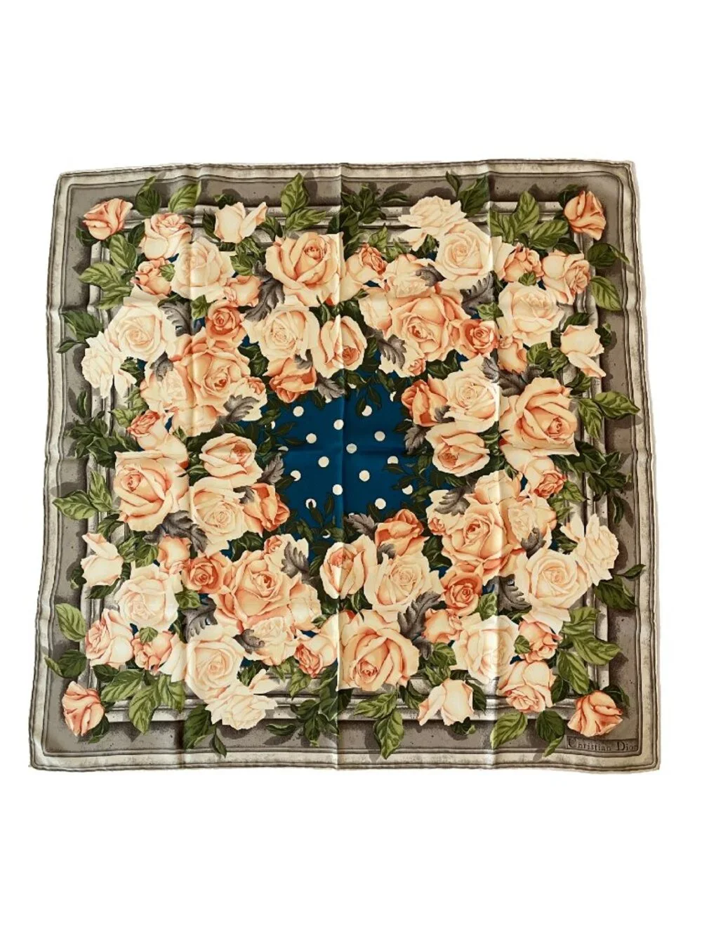 Vintage Christian Silk Scarf with Roses & Polka Dots